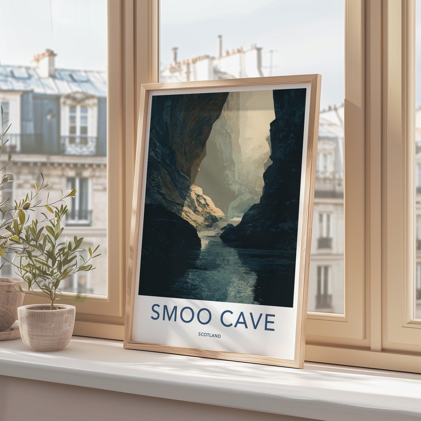 Smoo Cave Poster - Scotland Travel Art - Sunlit Cavern River Home Decor