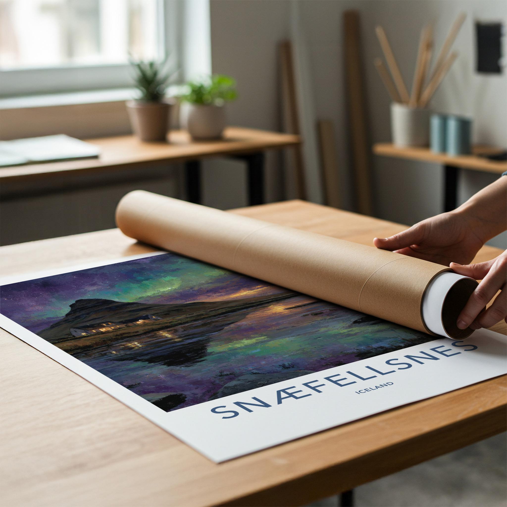 Snaefellsnes Poster - Iceland Travel Art - Aurora Reflected Water Home Decor
