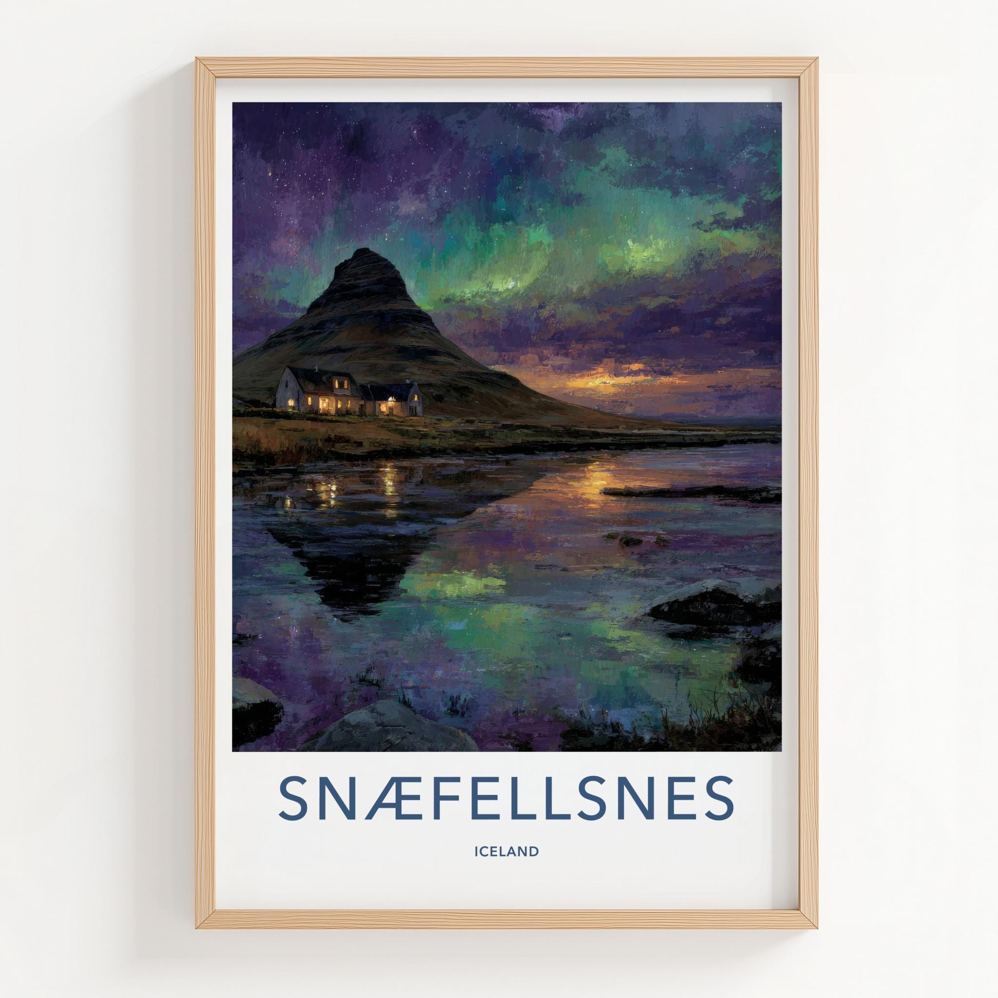 Snaefellsnes Poster - Iceland Travel Art - Aurora Reflected Water Home Decor