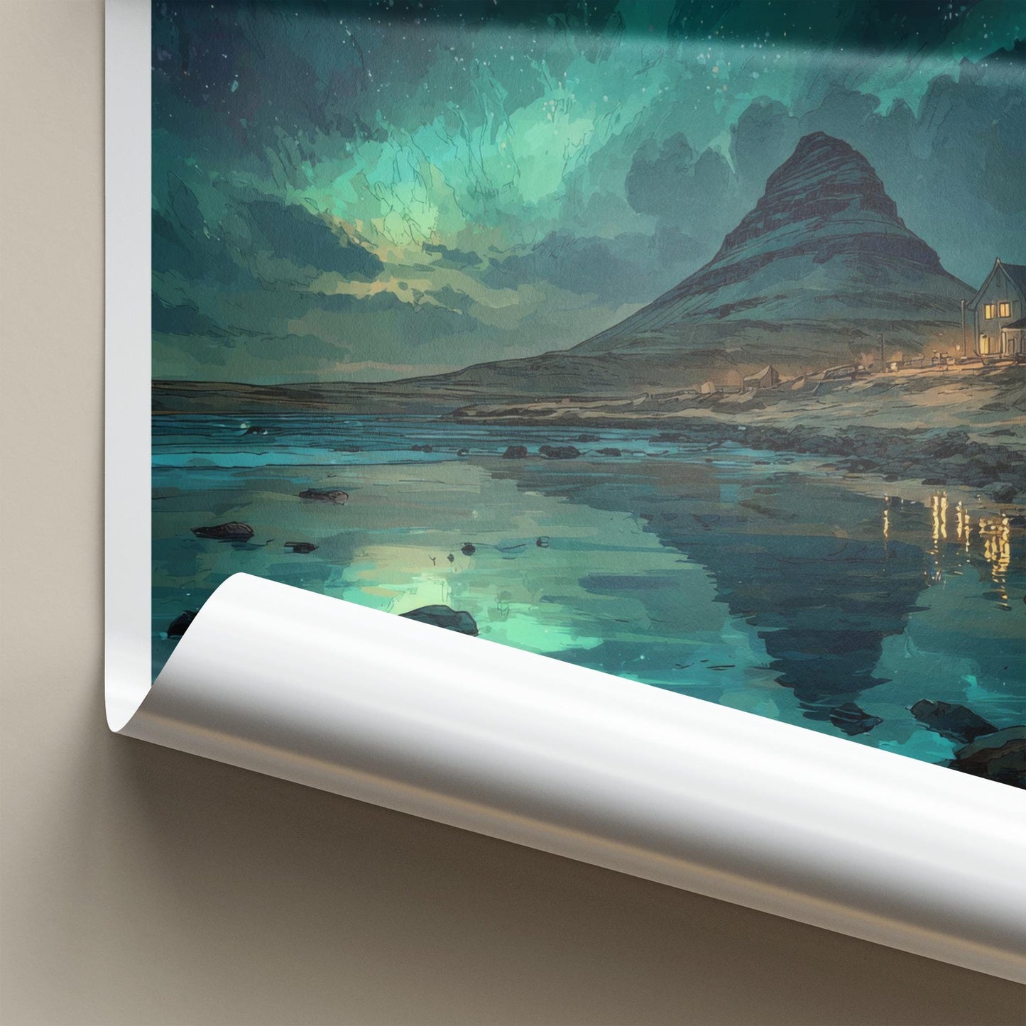 Snaefellsnes Poster - Iceland Travel Art - Mountain Aurora Reflection Home Decor