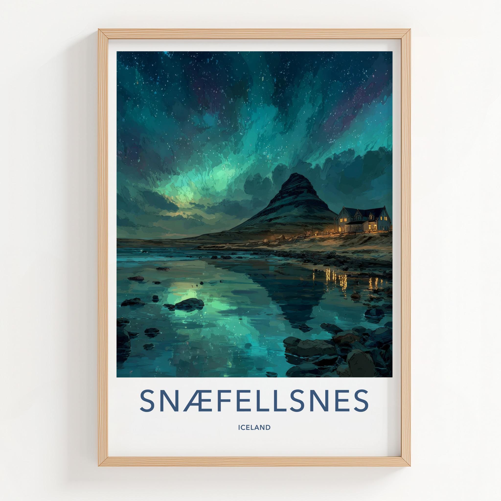 Snaefellsnes Poster - Iceland Travel Art - Mountain Aurora Reflection Home Decor