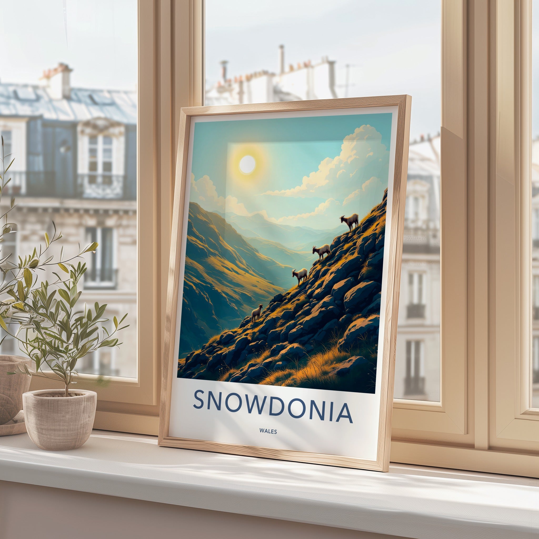 Snowdonia Poster - Wales Travel Art - Goats Sunny Slopes Home Decor