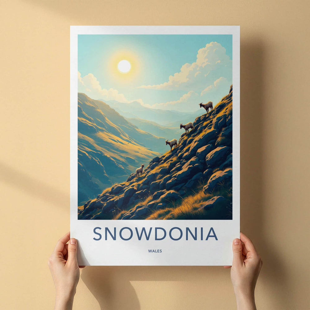Snowdonia Poster - Wales Travel Art - Goats Sunny Slopes Home Decor