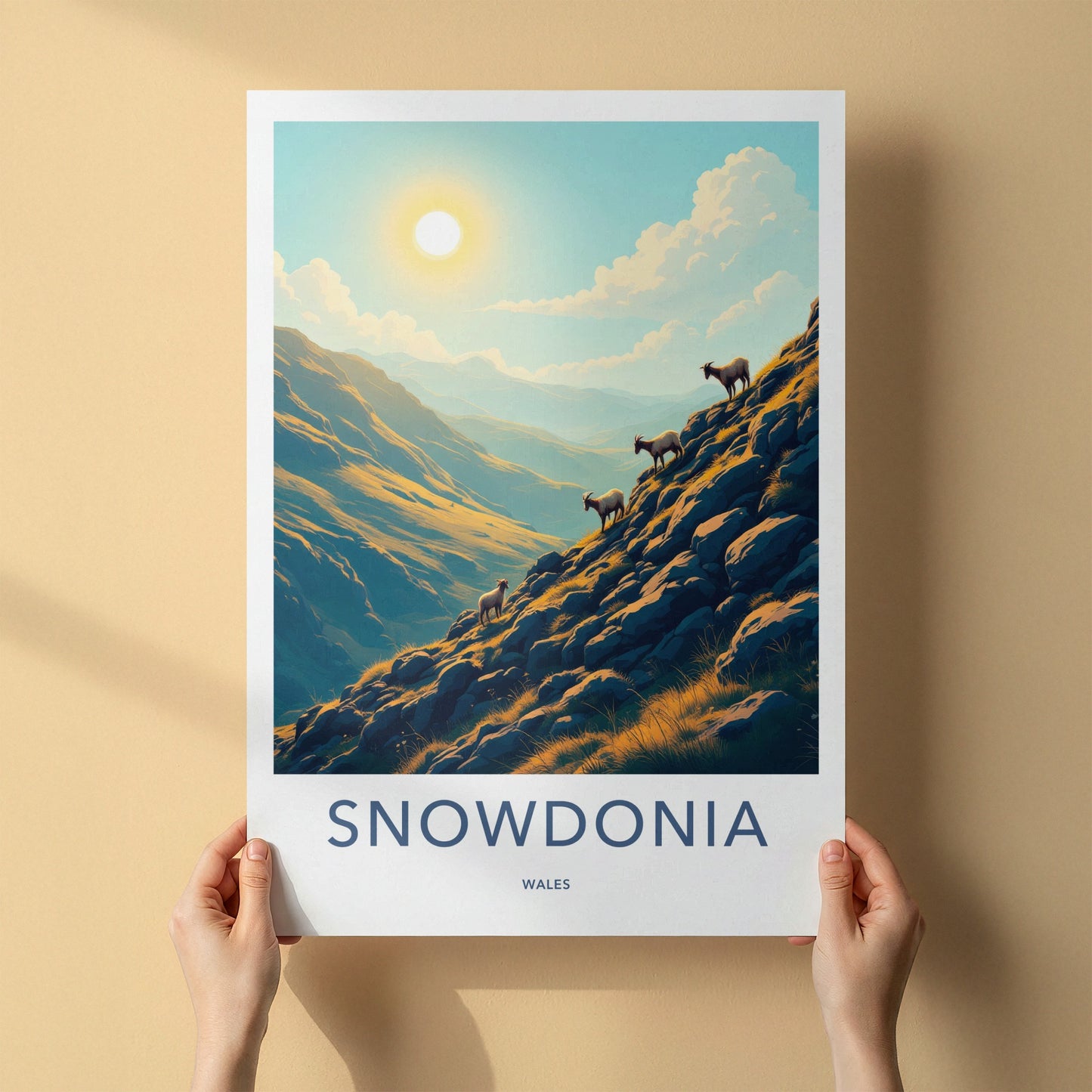 Snowdonia Poster - Wales Travel Art - Goats Sunny Slopes Home Decor