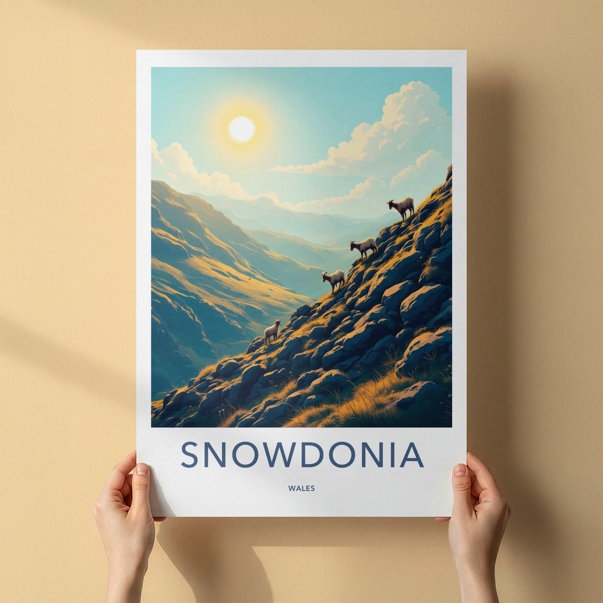 Snowdonia Poster - Wales Travel Art - Goats Sunny Slopes Home Decor