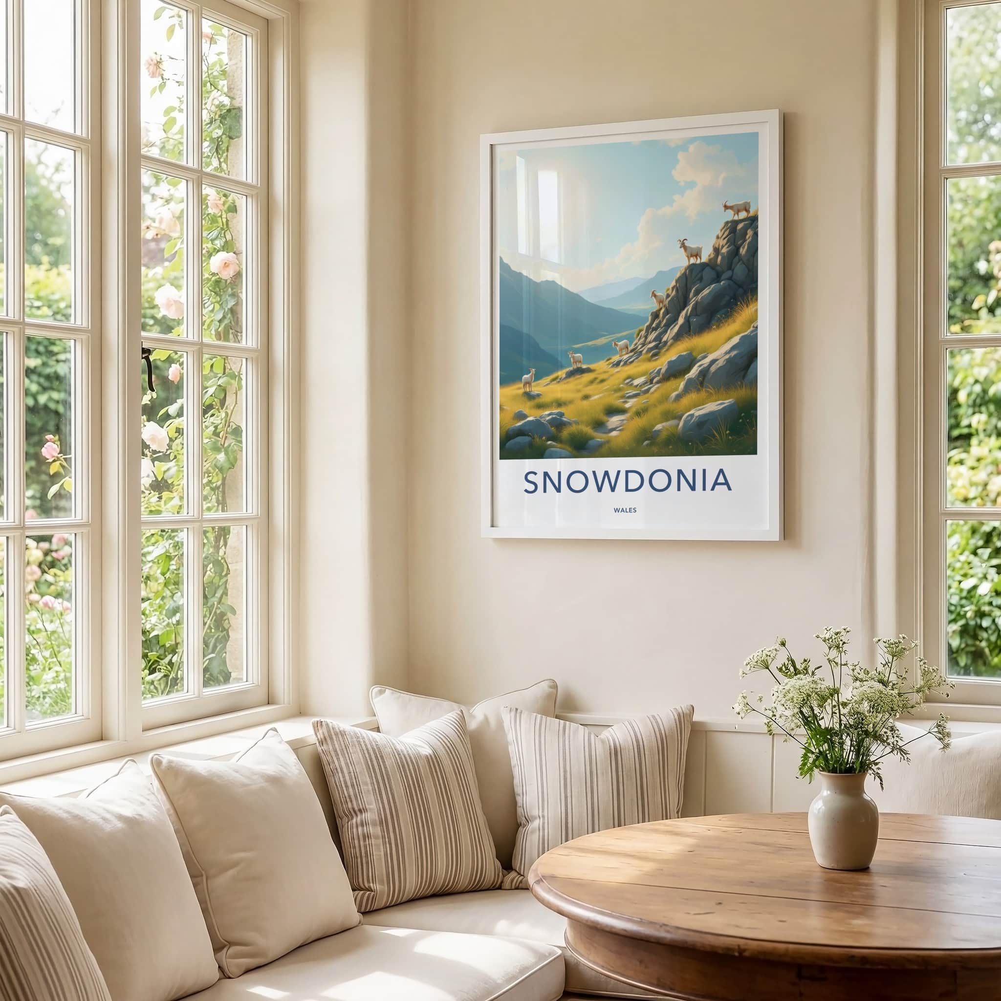 Snowdonia Poster - Wales Travel Art - Sunlit Mountain Goats Home Decor