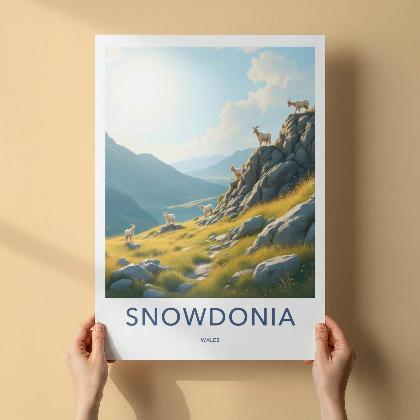Snowdonia Poster - Wales Travel Art - Sunlit Mountain Goats Home Decor