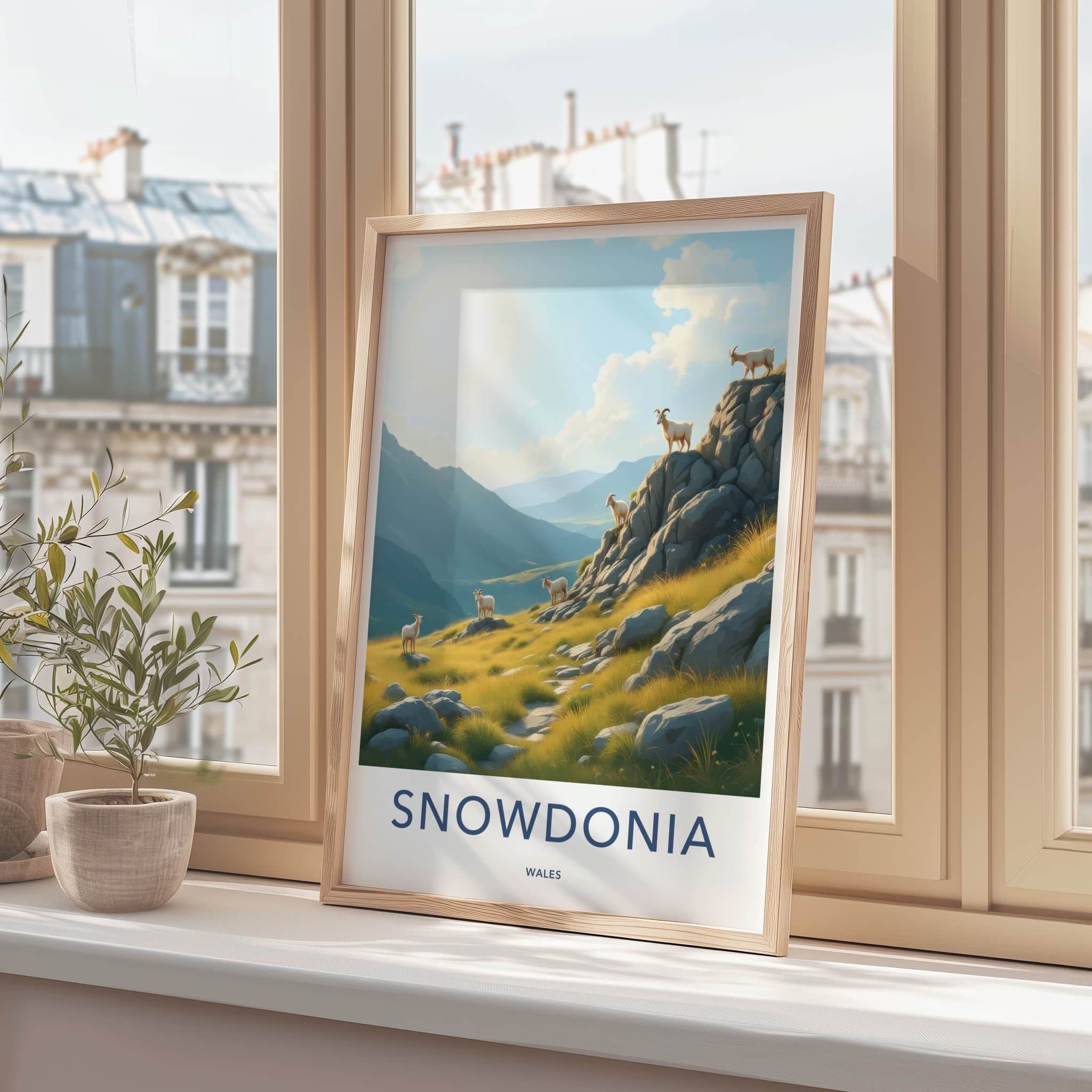 Snowdonia Poster - Wales Travel Art - Sunlit Mountain Goats Home Decor