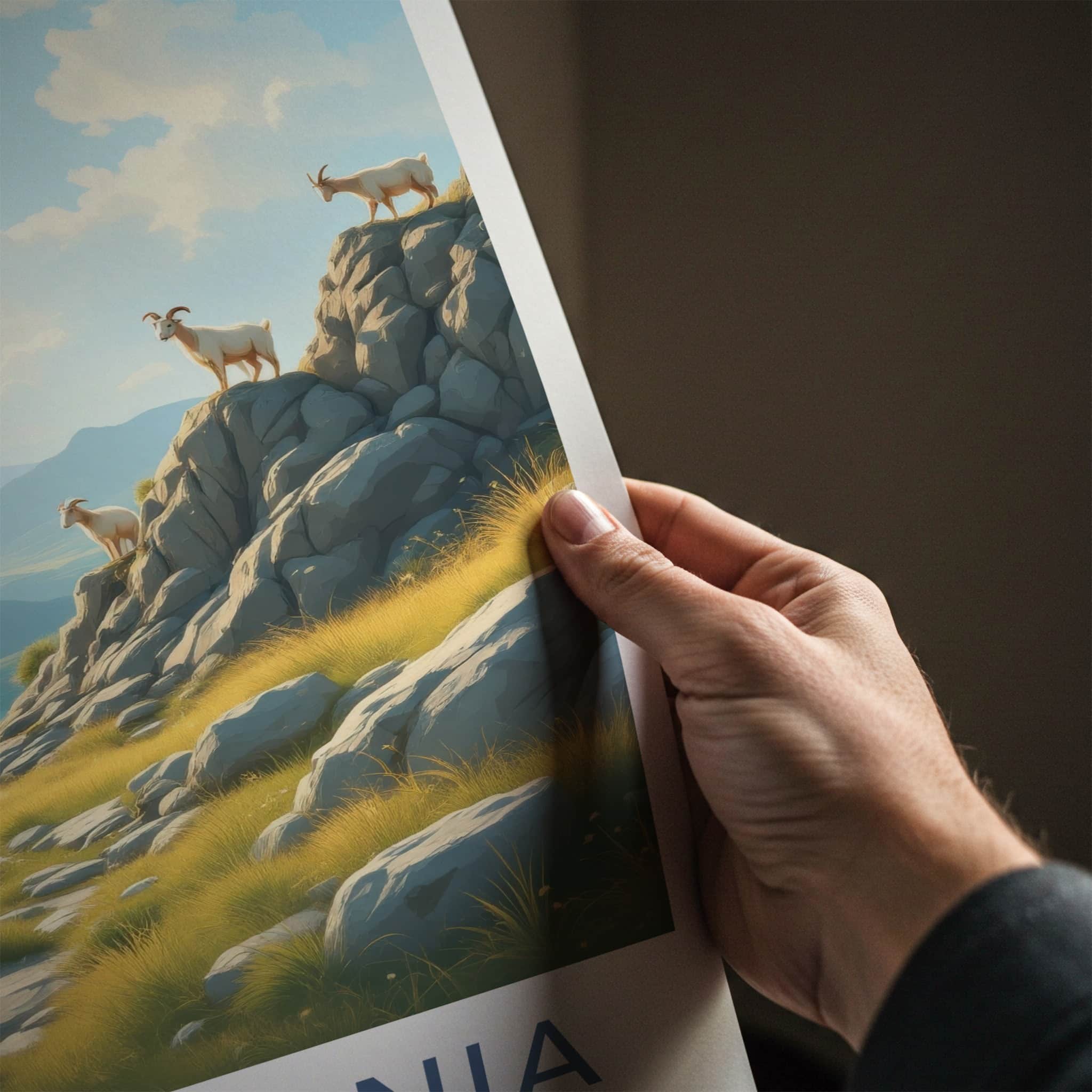 Snowdonia Poster - Wales Travel Art - Sunlit Mountain Goats Home Decor