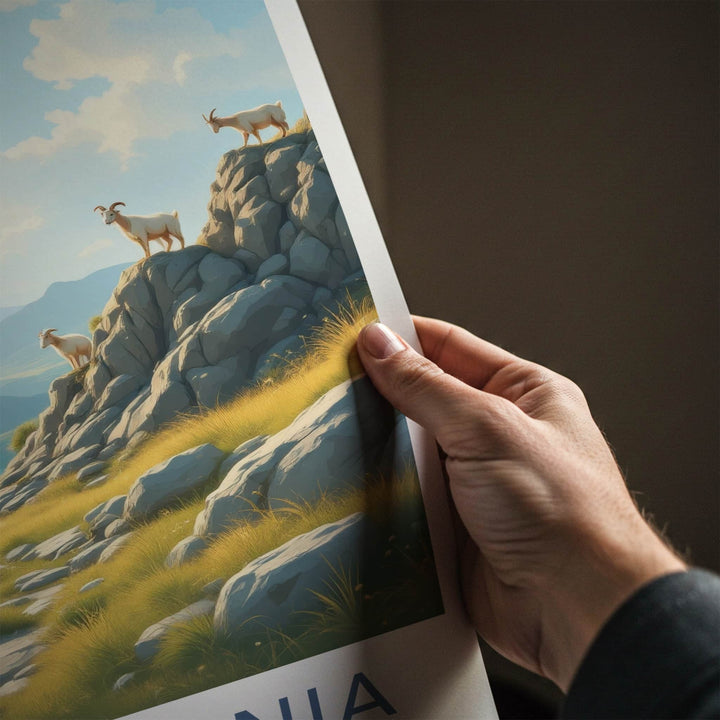 Snowdonia Poster - Wales Travel Art - Sunlit Mountain Goats Home Decor