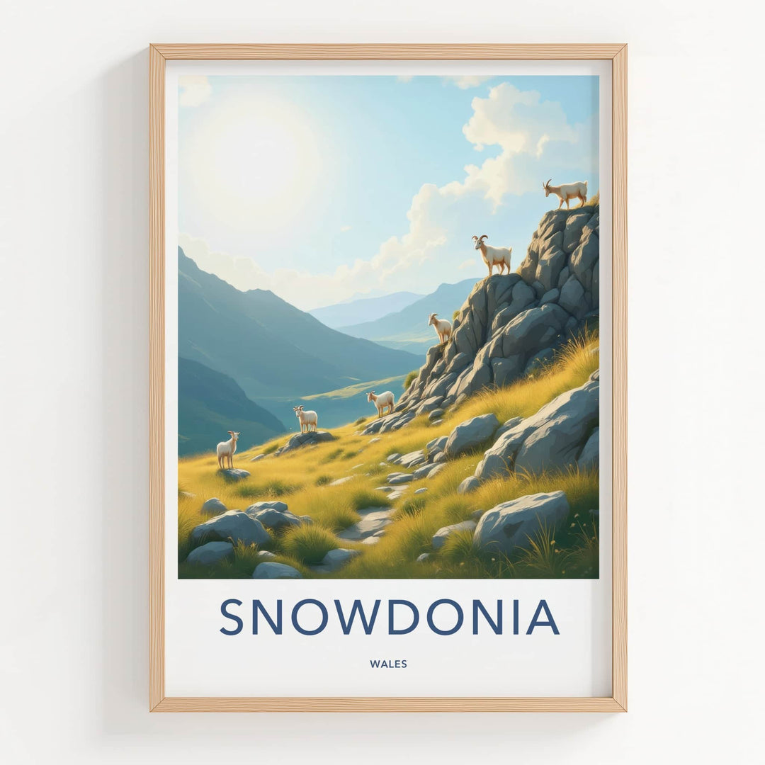 Snowdonia Poster - Wales Travel Art - Sunlit Mountain Goats Home Decor