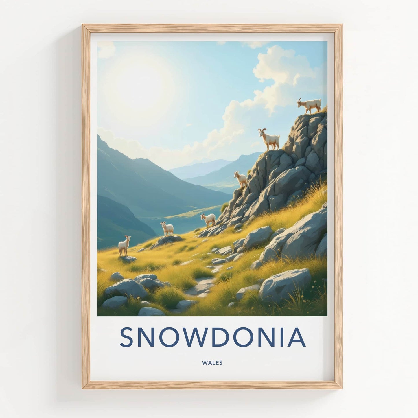 Snowdonia Poster - Wales Travel Art - Sunlit Mountain Goats Home Decor