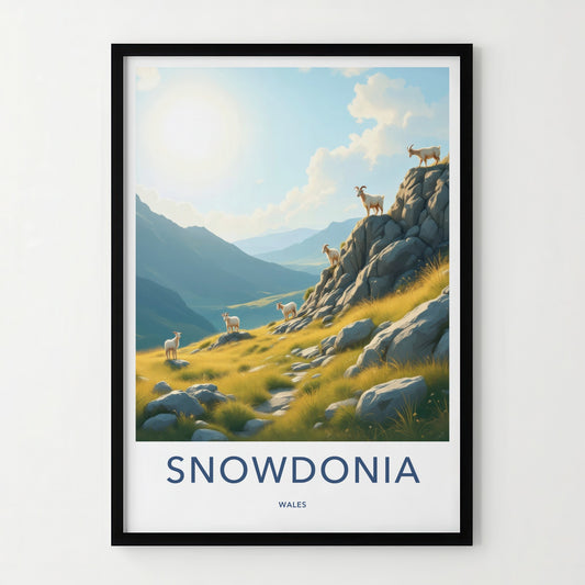 Snowdonia Poster - Wales Travel Art - Sunlit Mountain Goats Home Decor