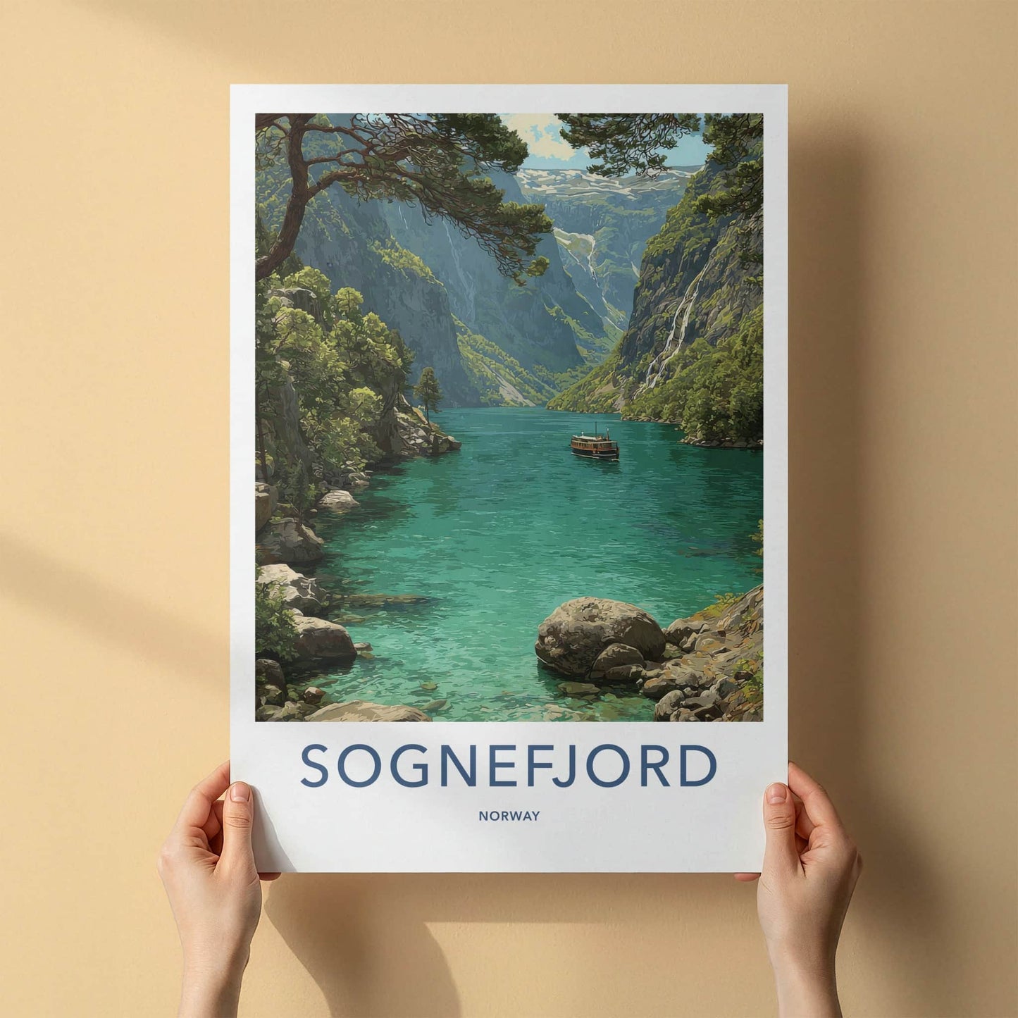 Sognefjord Poster - Norway Travel Art - Emerald Fjord Boat Home Decor
