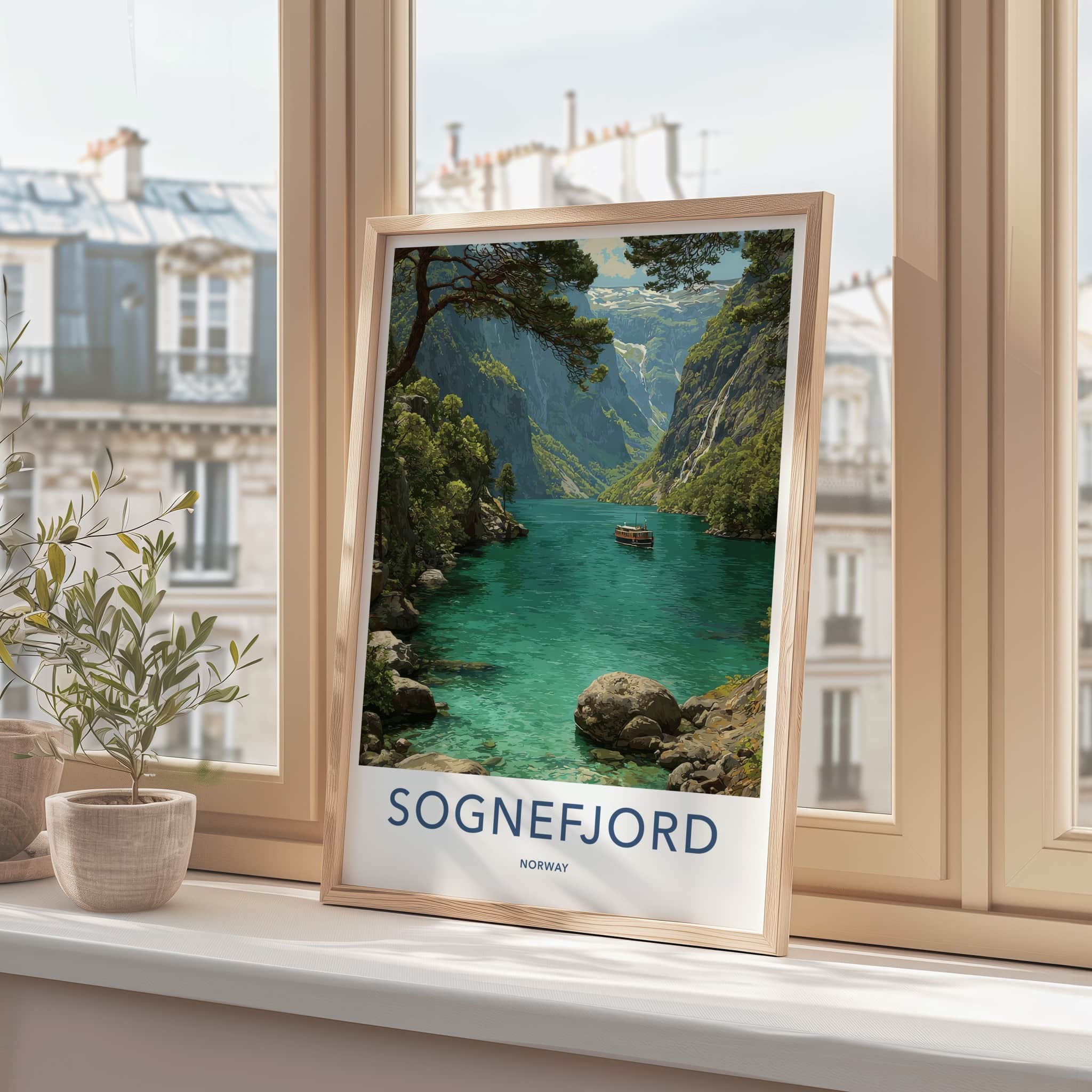 Sognefjord Poster - Norway Travel Art - Emerald Fjord Boat Home Decor