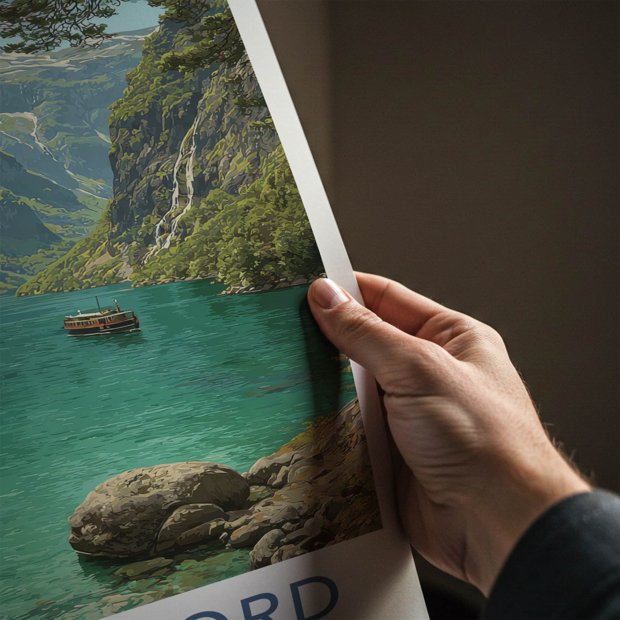 Sognefjord Poster - Norway Travel Art - Emerald Fjord Boat Home Decor