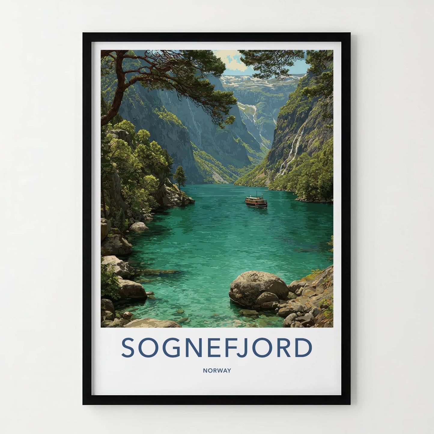 Sognefjord Poster - Norway Travel Art - Emerald Fjord Boat Home Decor