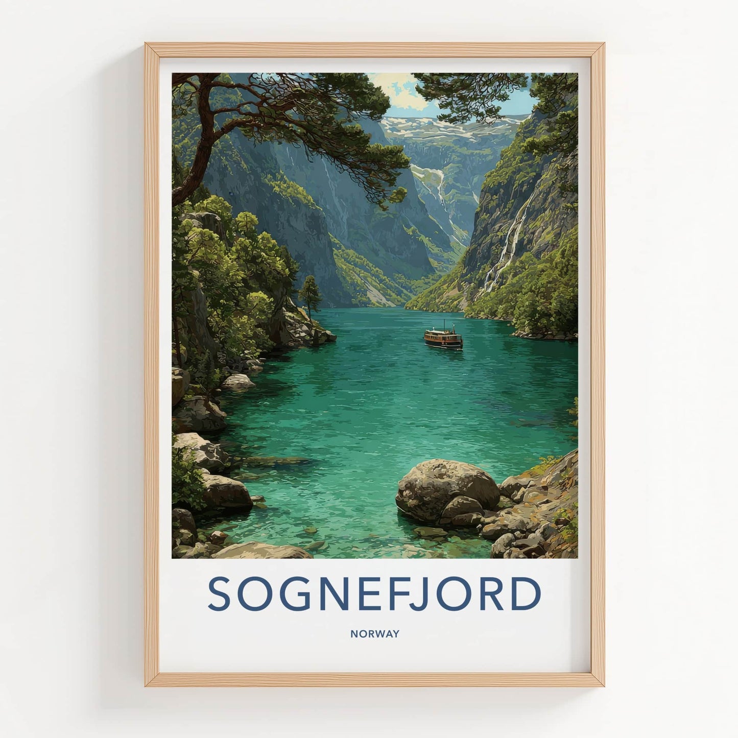Sognefjord Poster - Norway Travel Art - Emerald Fjord Boat Home Decor