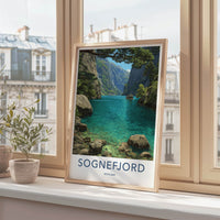 Sognefjord Poster - Norway Travel Art - Fjord Boat Mountains Home Decor