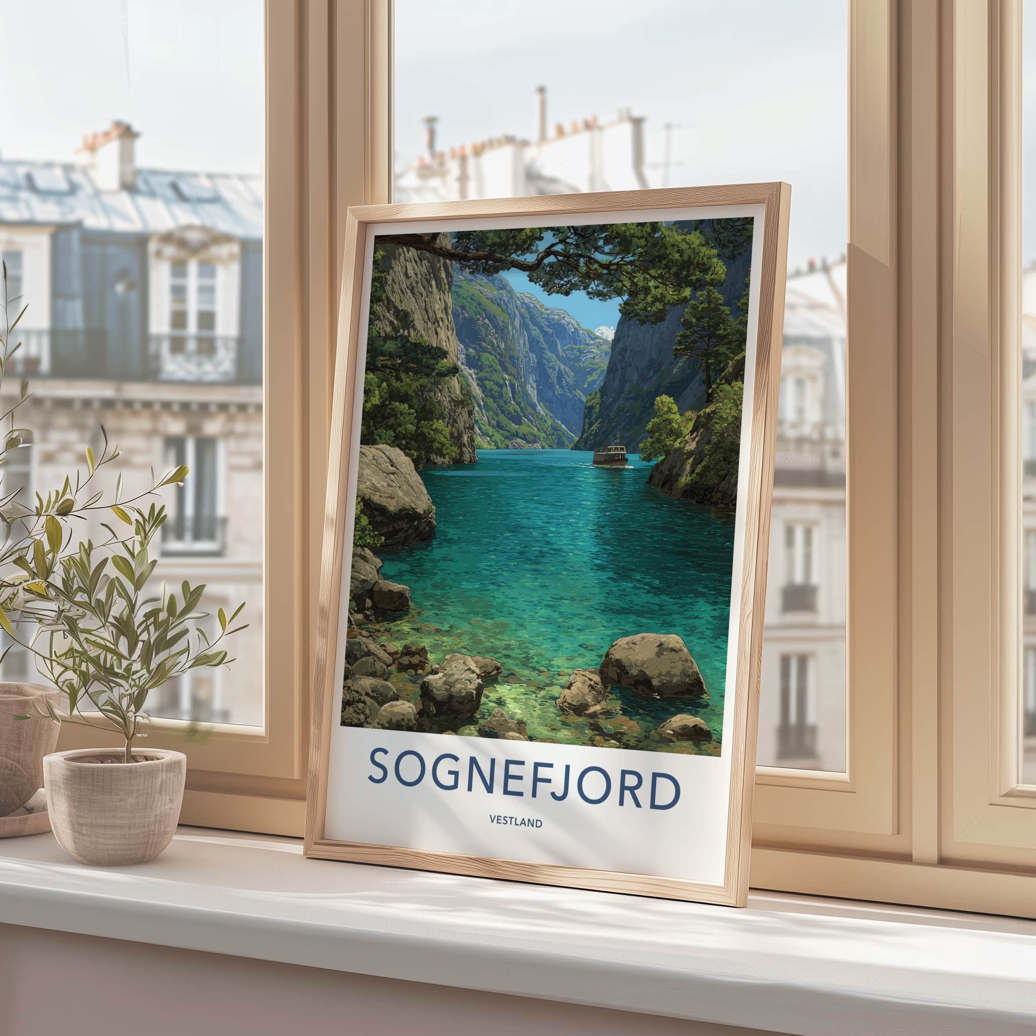 Sognefjord Poster - Norway Travel Art - Fjord Boat Mountains Home Decor