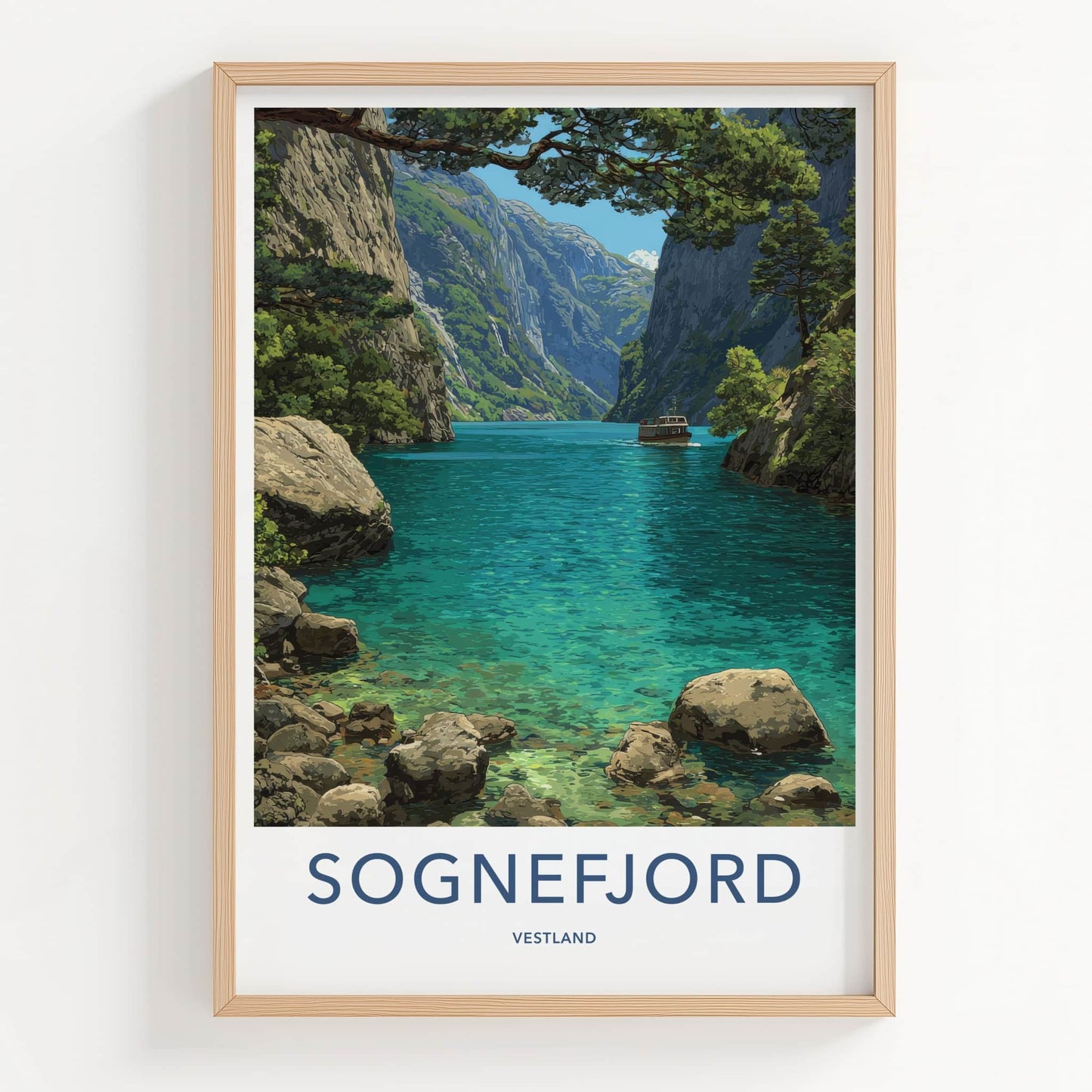 Sognefjord Poster - Norway Travel Art - Fjord Boat Mountains Home Decor