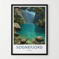 Sognefjord Poster - Norway Travel Art - Fjord Boat Mountains Home Decor