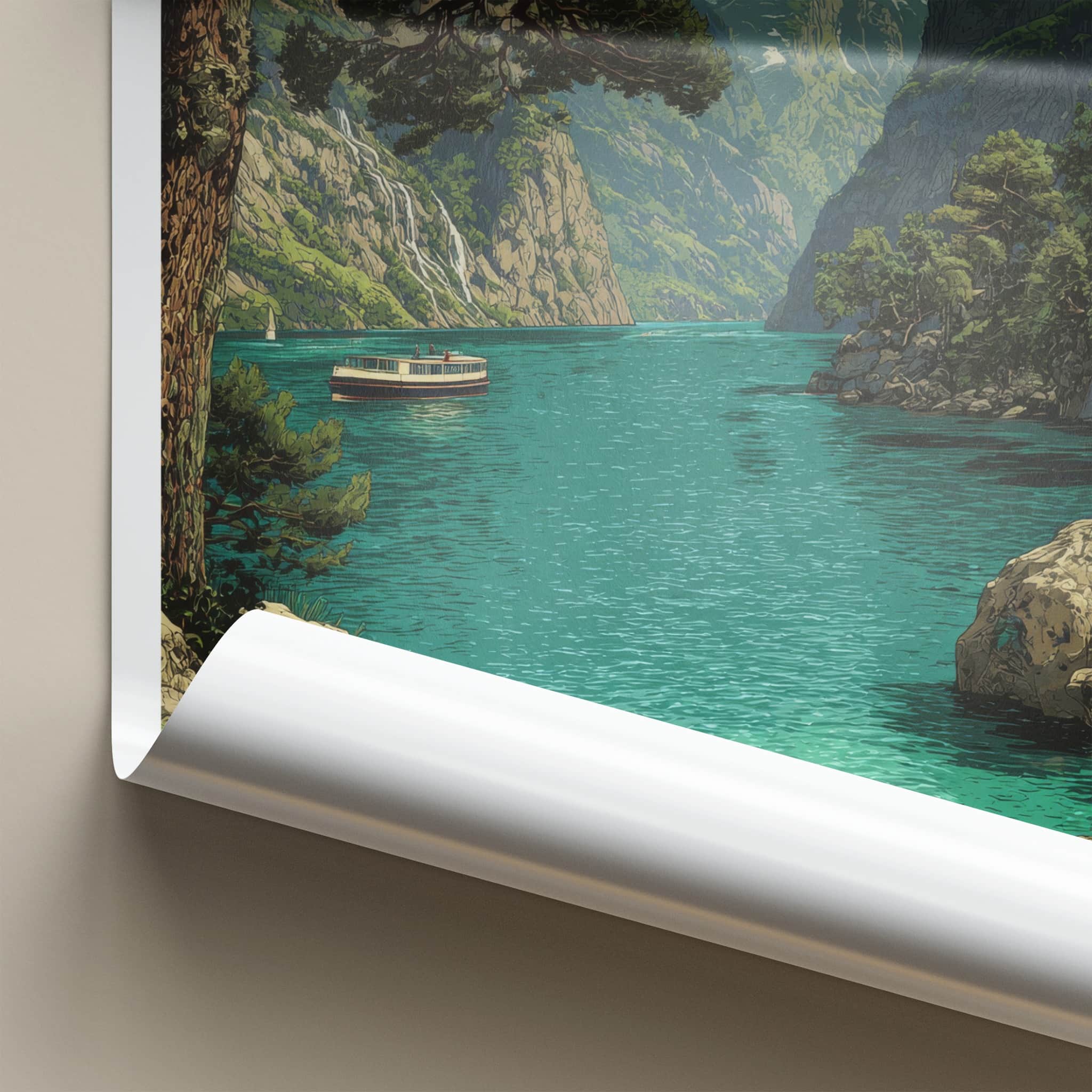Sognefjord Poster - Norway Travel Art - Fjord Mountain Boat Home Decor