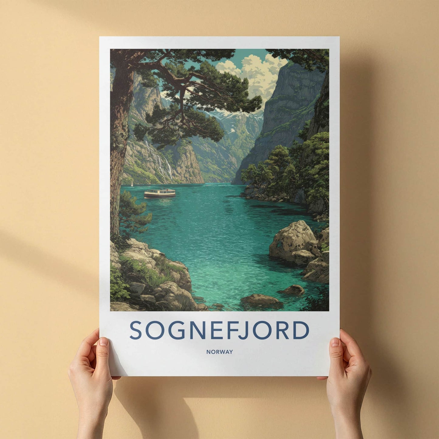 Sognefjord Poster - Norway Travel Art - Fjord Mountain Boat Home Decor