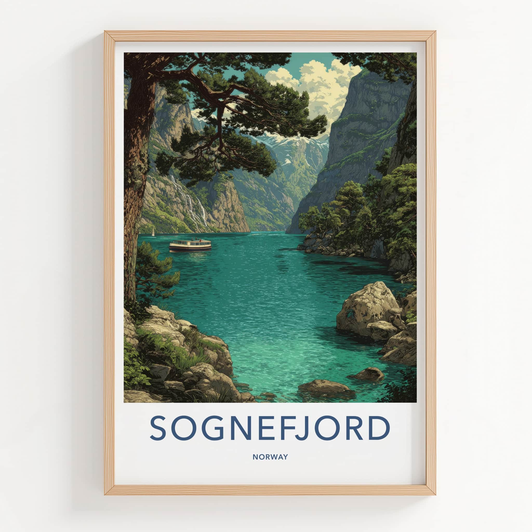 Sognefjord Poster - Norway Travel Art - Fjord Mountain Boat Home Decor
