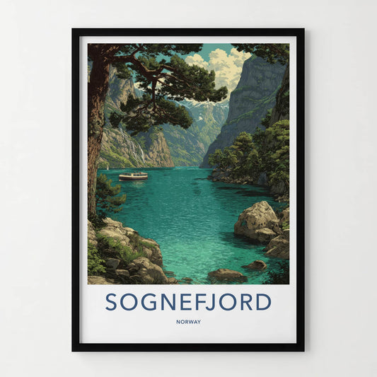 Sognefjord Poster - Norway Travel Art - Fjord Mountain Boat Home Decor