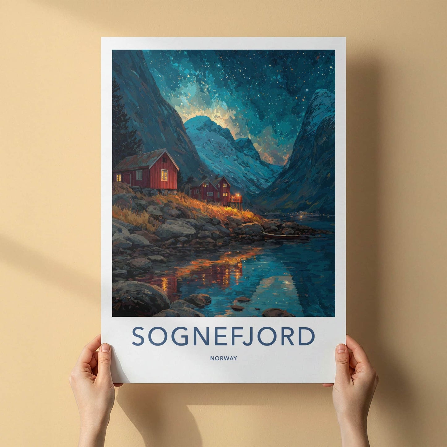 Sognefjord Poster - Norway Travel Art - Fjordside Red Cabins Wall Decor