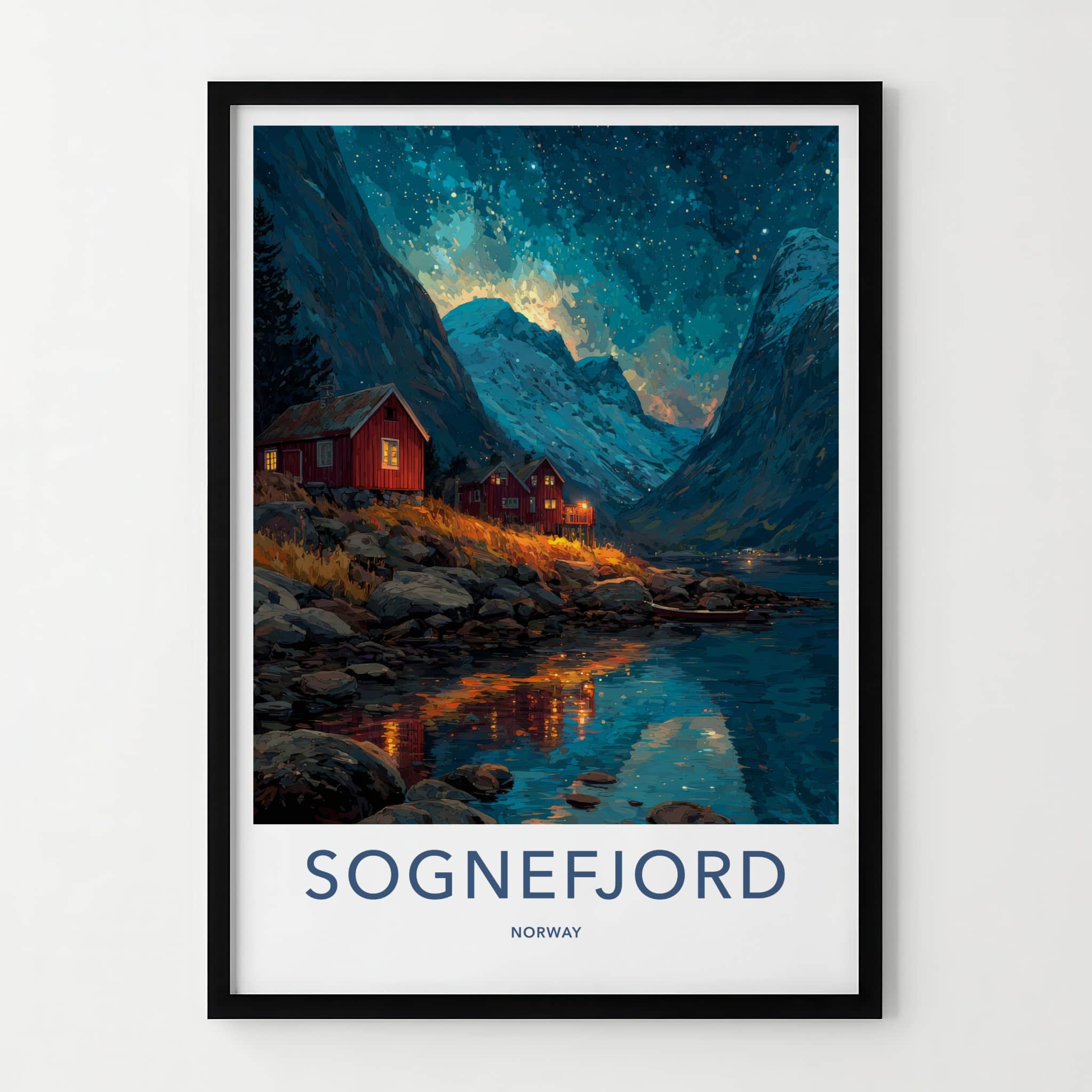 Sognefjord Poster - Norway Travel Art - Fjordside Red Cabins Wall Decor