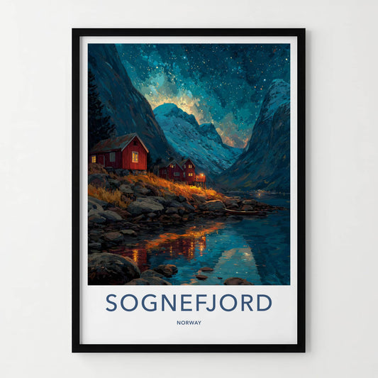 Sognefjord Poster - Norway Travel Art - Fjordside Red Cabins Wall Decor