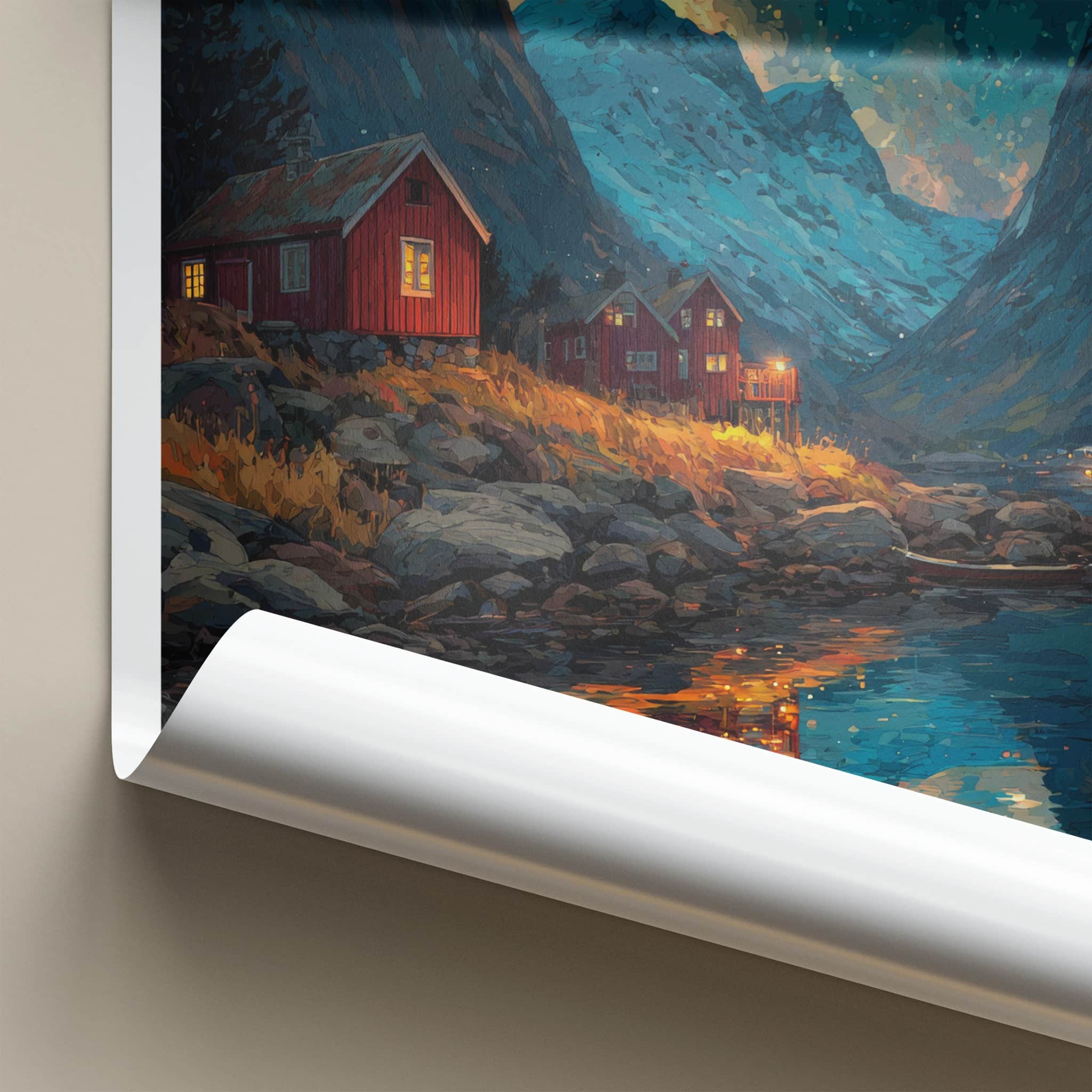 Sognefjord Poster - Norway Travel Art - Fjordside Red Cabins Wall Decor