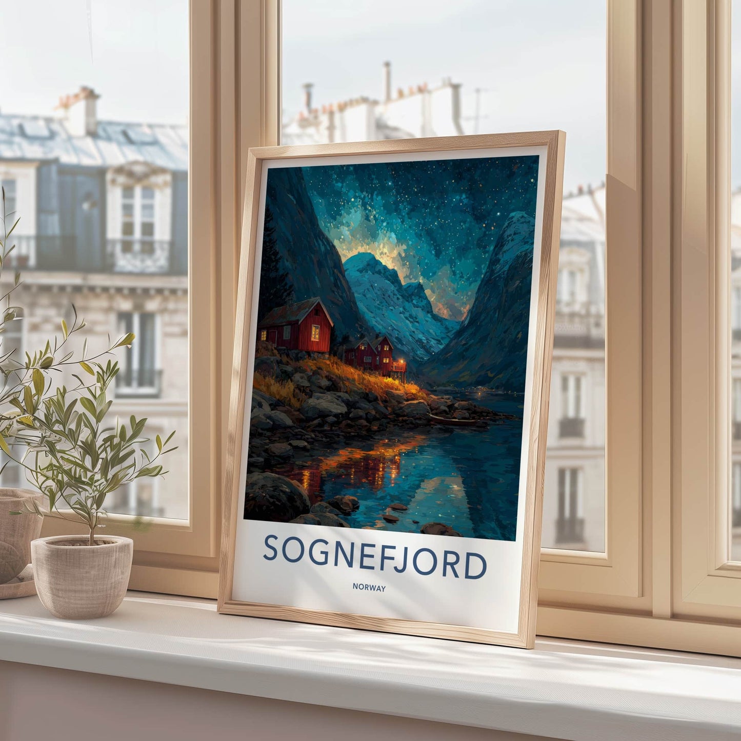 Sognefjord Poster - Norway Travel Art - Fjordside Red Cabins Wall Decor