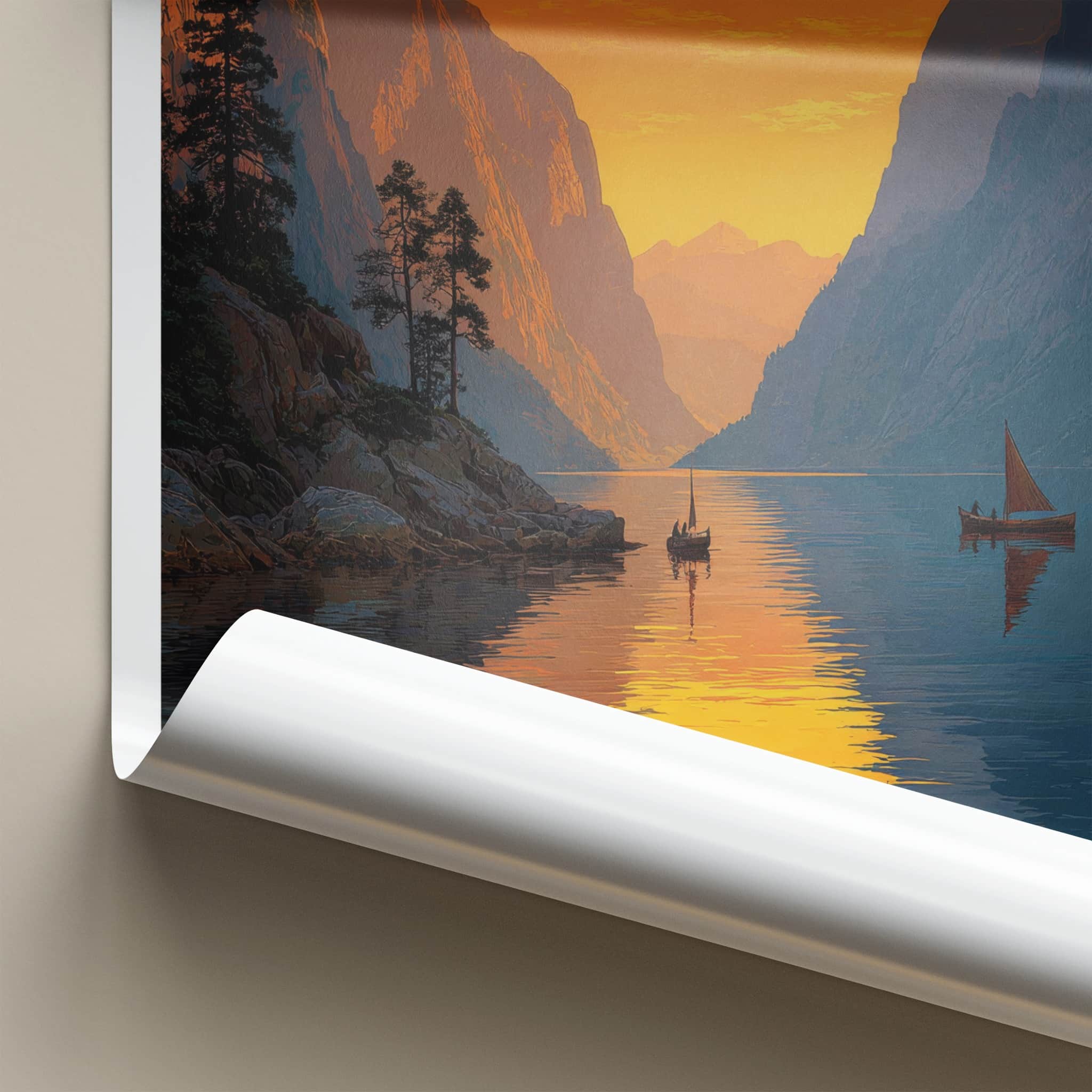 Sognefjord Poster - Norway Travel Art - Golden Fjord Boats Home Decor