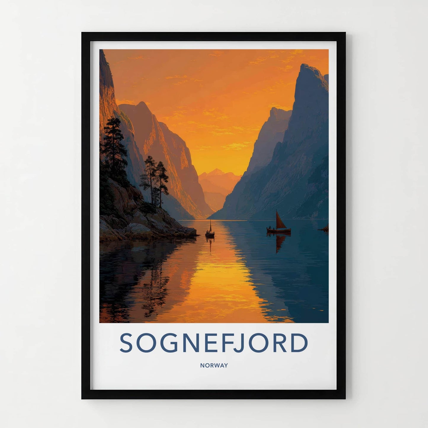 Sognefjord Poster - Norway Travel Art - Golden Fjord Boats Home Decor