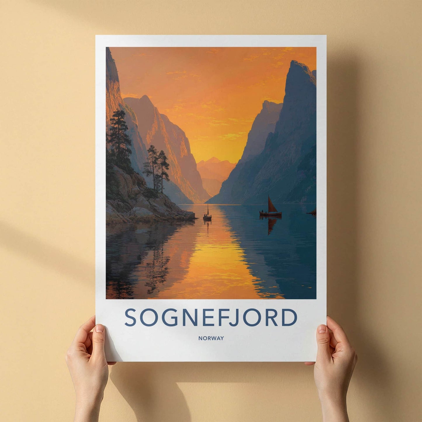 Sognefjord Poster - Norway Travel Art - Golden Fjord Boats Home Decor