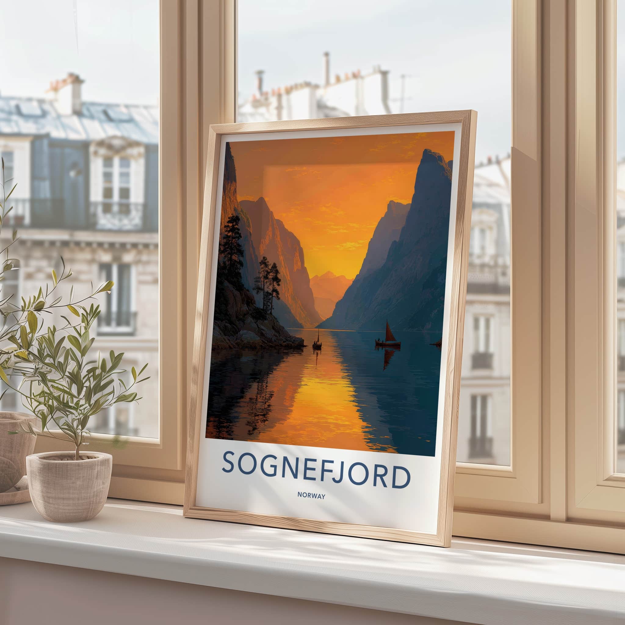 Sognefjord Poster - Norway Travel Art - Golden Fjord Boats Home Decor