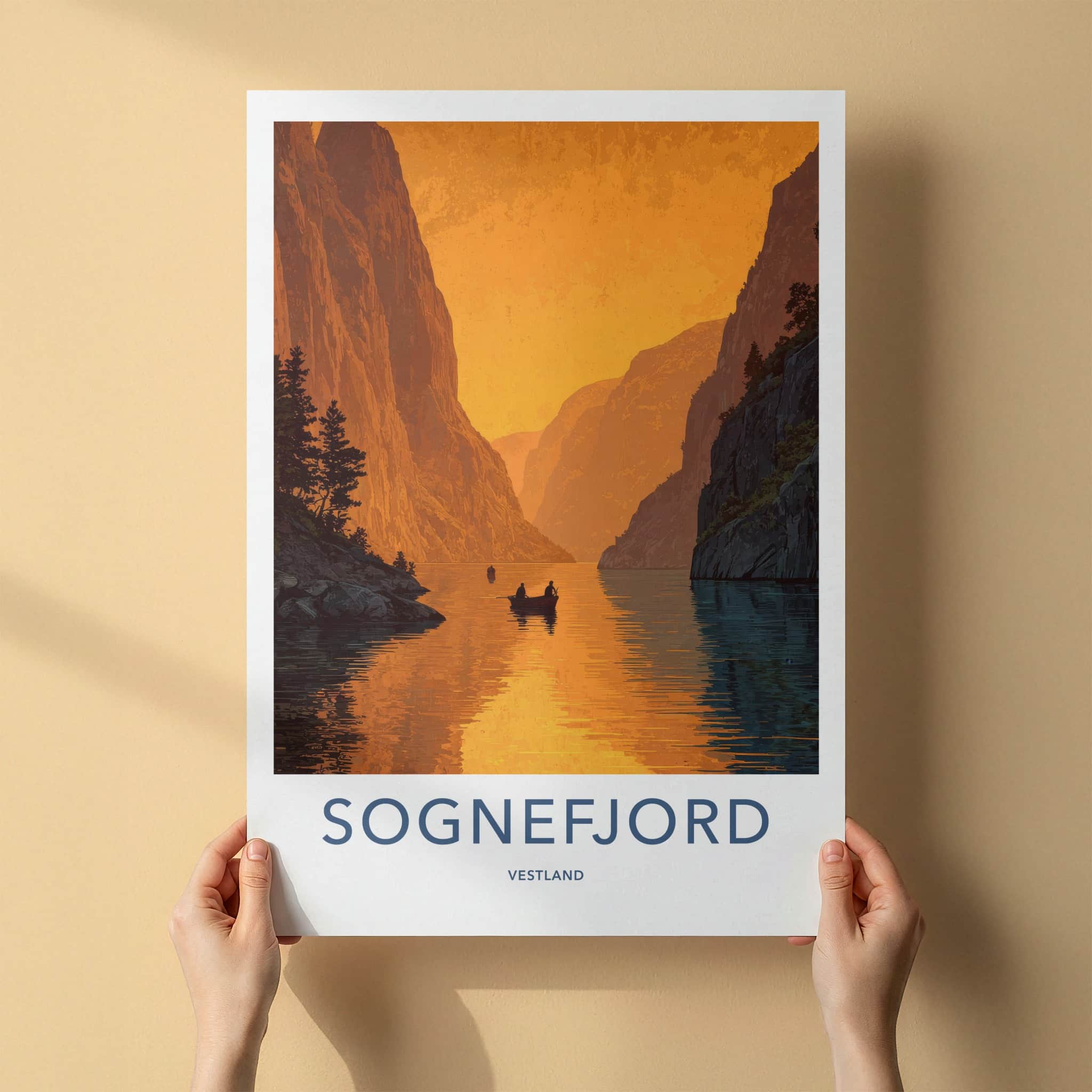 Sognefjord Poster - Norway Travel Art - Golden Fjord Cliffs Wall Decor