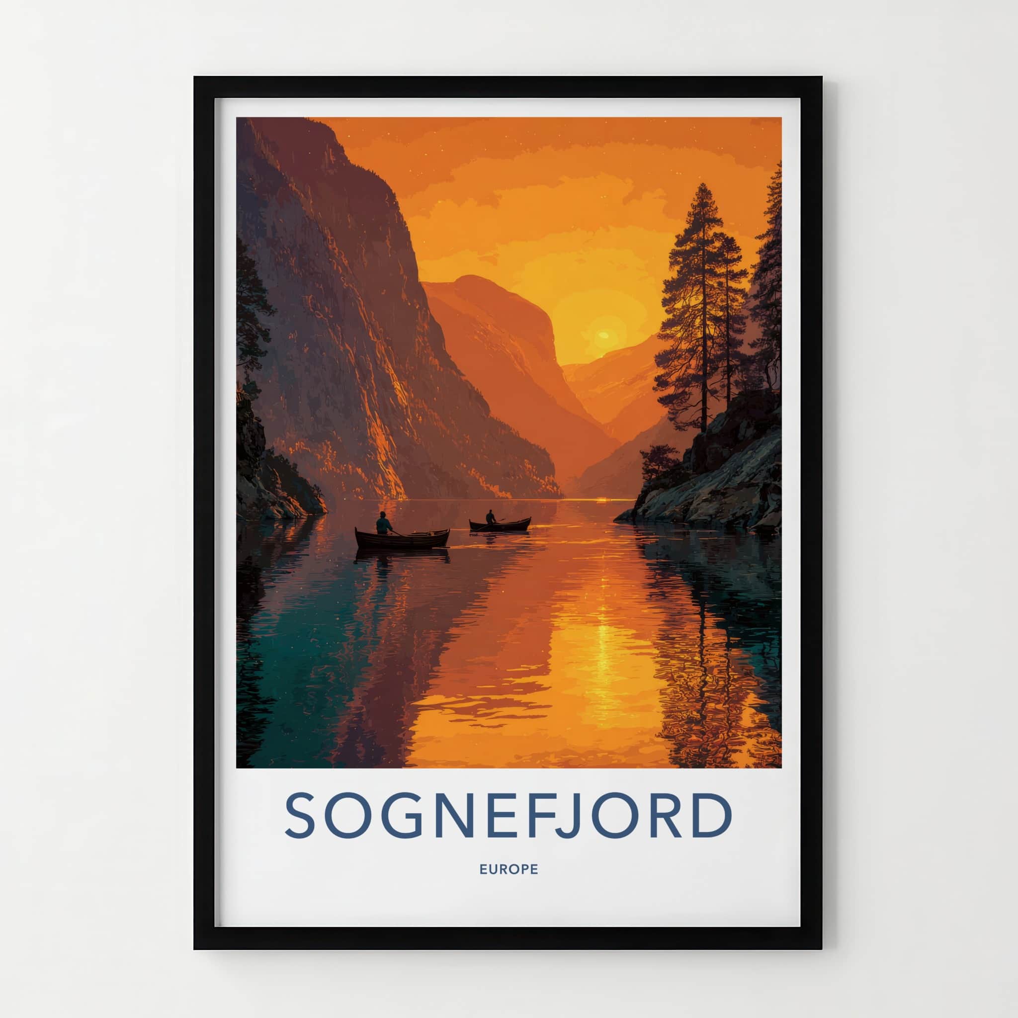 Sognefjord Poster - Norway Travel Art - Orange Sunset Reflections Home Decor