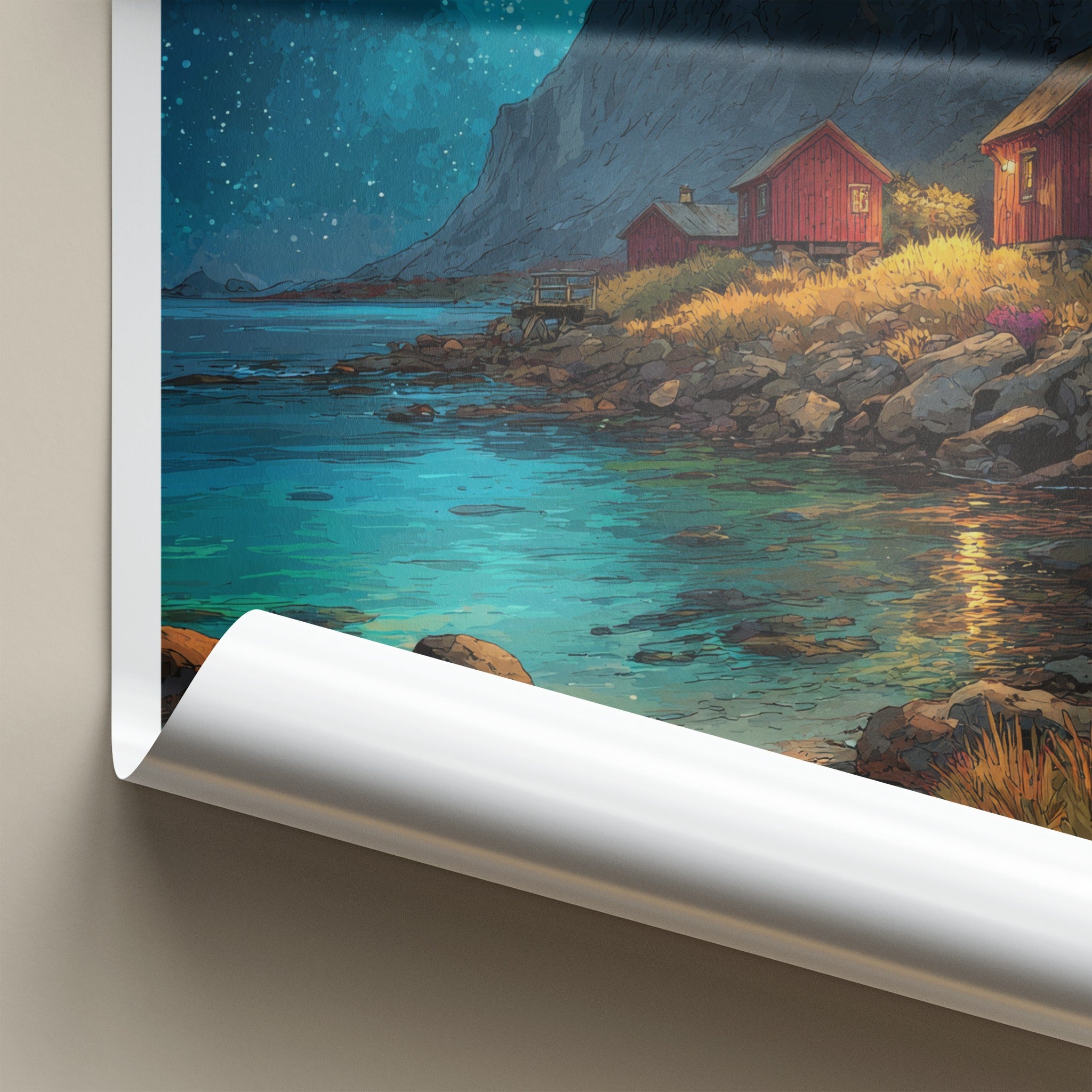 Sognefjord Poster Norway Travel Art Red Cabins Wall Decor
