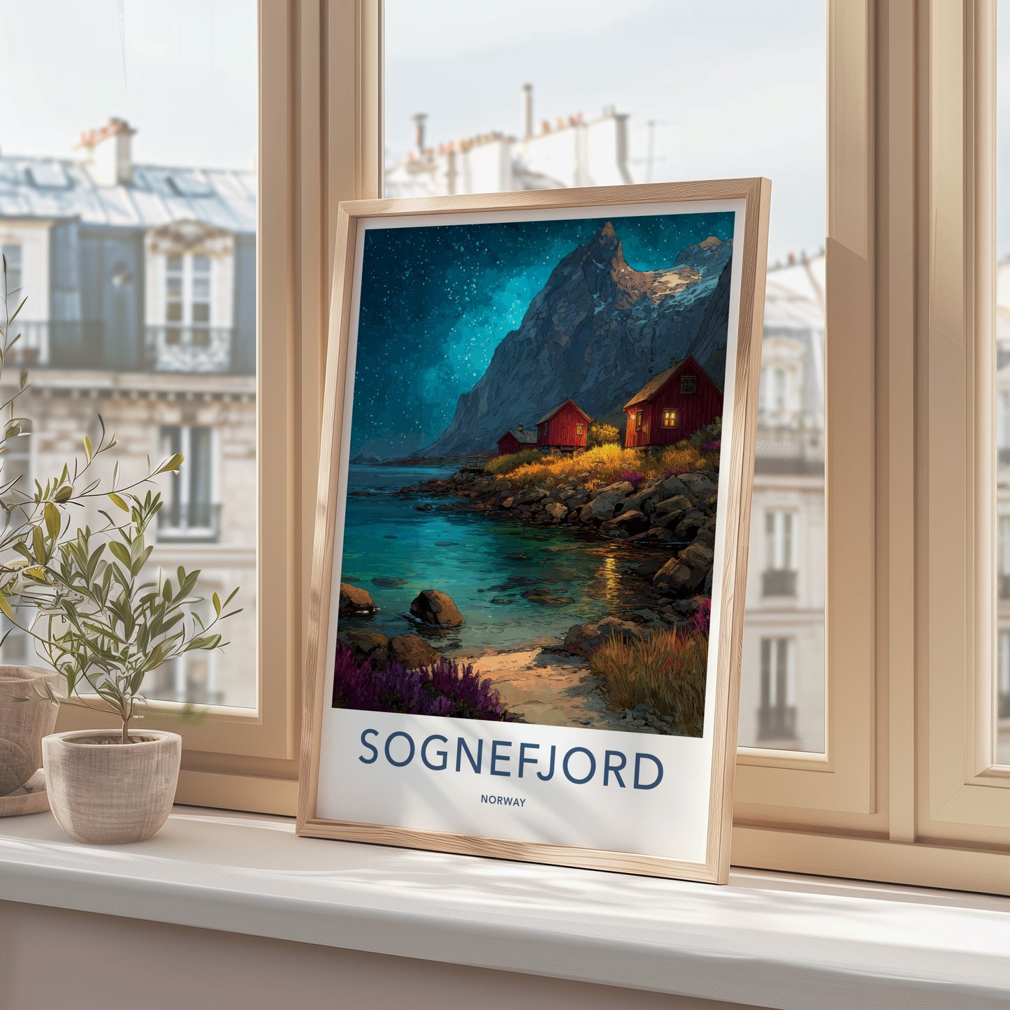 Sognefjord Poster Norway Travel Art Red Cabins Wall Decor