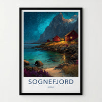 Sognefjord Poster Norway Travel Art Red Cabins Wall Decor