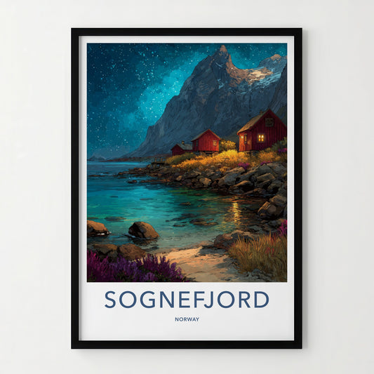 Sognefjord Poster Norway Travel Art Red Cabins Wall Decor