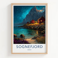 Sognefjord Poster Norway Travel Art Red Cabins Wall Decor