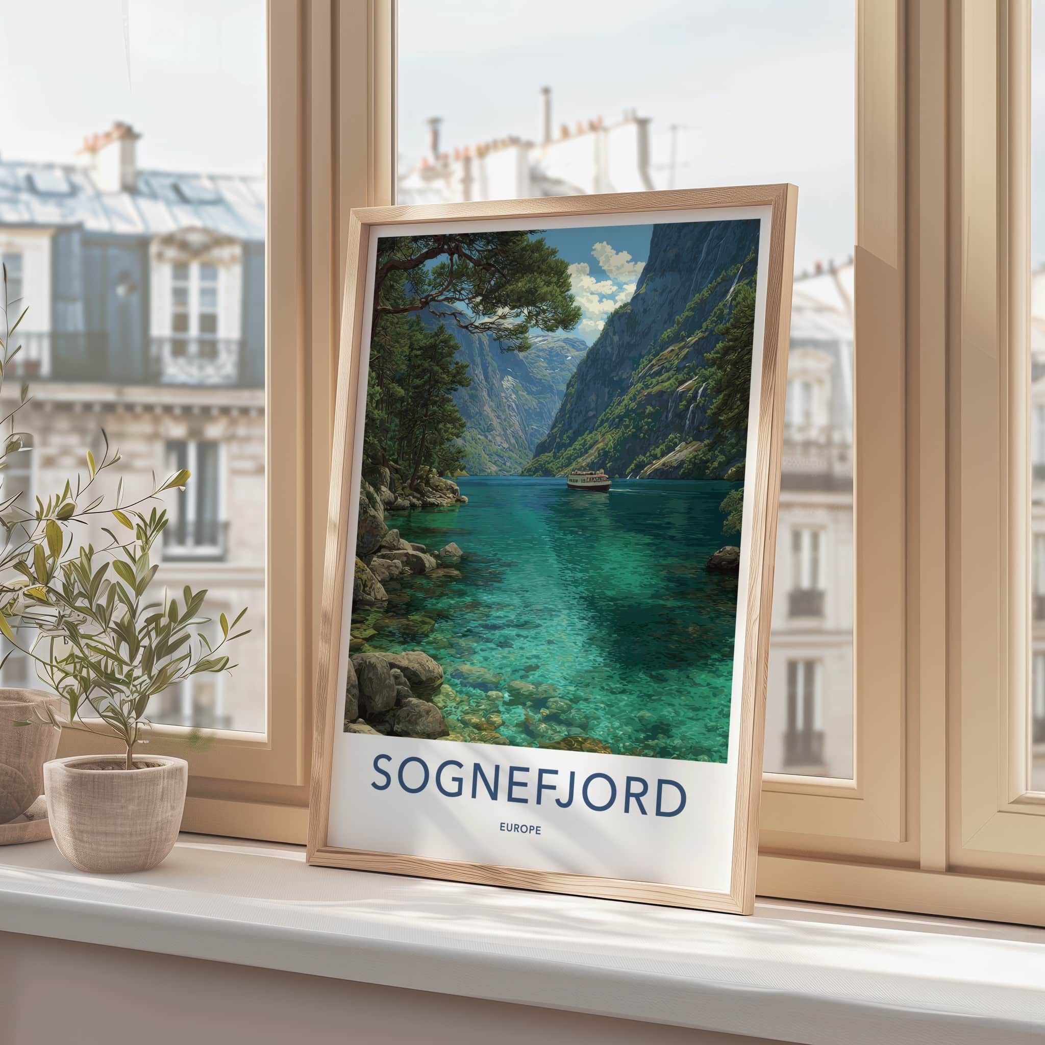 Sognefjord Poster - Norway Travel Art - Scenic Fjord Boat Home Decor