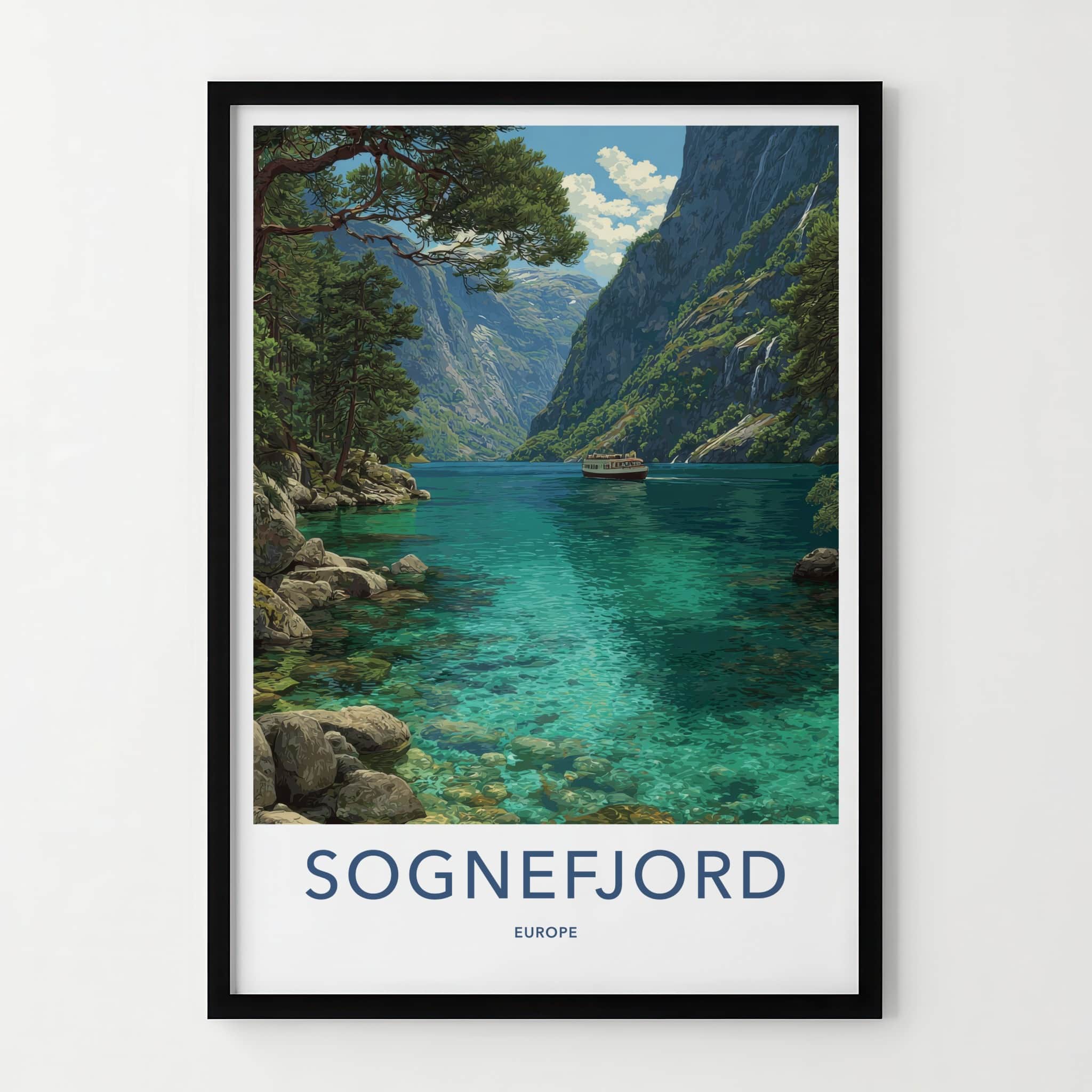 Sognefjord Poster - Norway Travel Art - Scenic Fjord Boat Home Decor