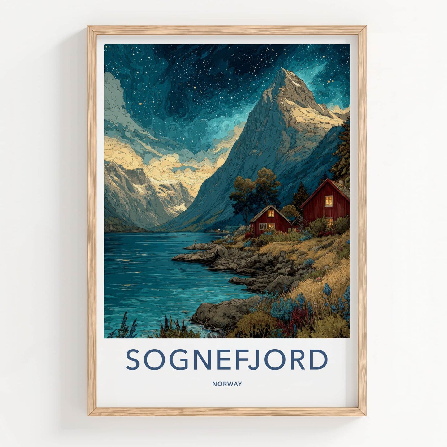 Sognefjord Poster - Norway Travel Art - Starry Fjord Cabins Home Decor