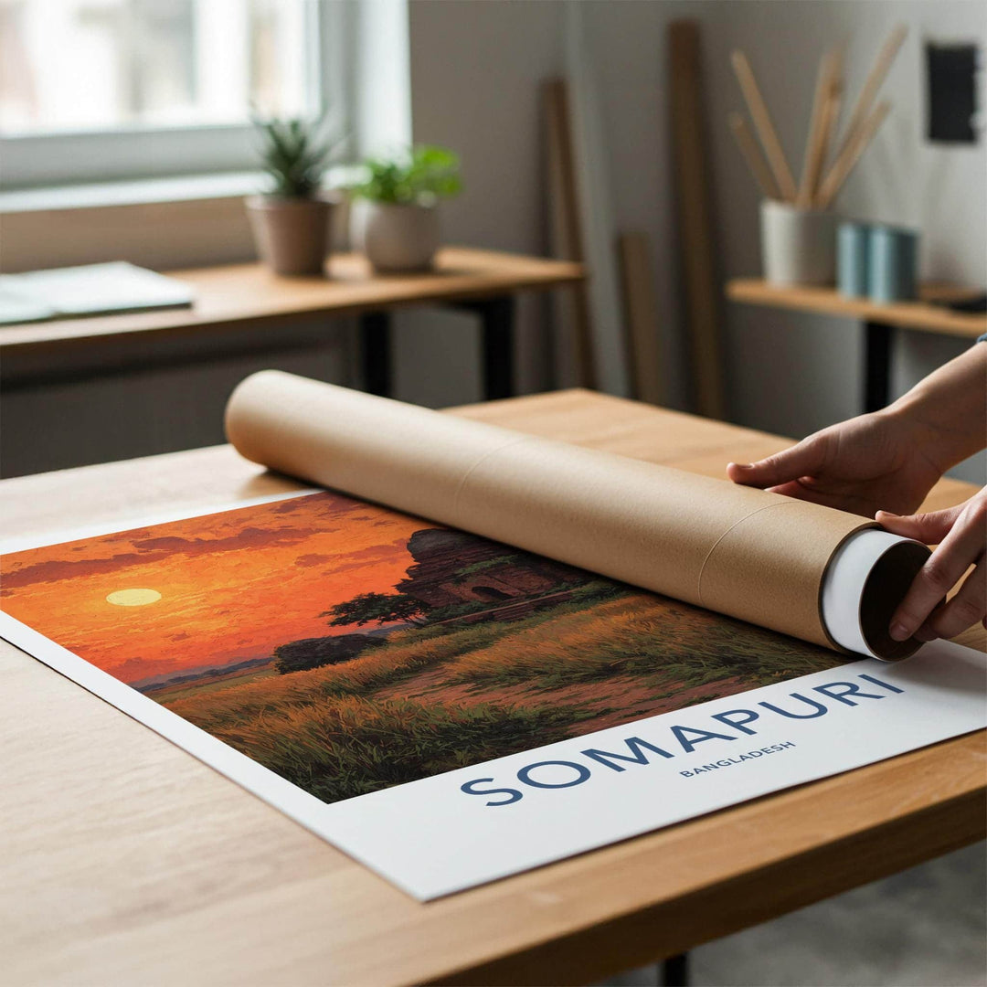 Somapuri Poster - Bangladesh Travel Art - Ancient Temple Sunset Home Decor